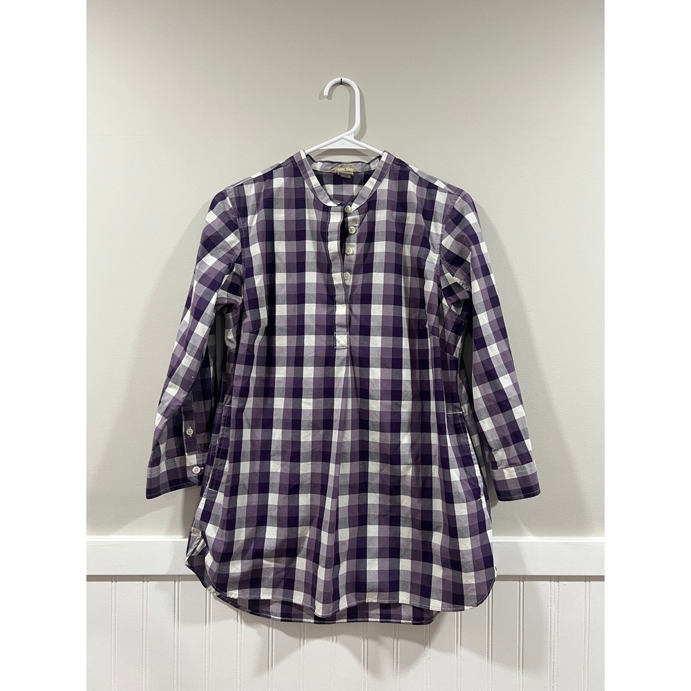 Duluth Trading Co Quarter Button Top 3/4 Sleeve Plaid Purple Women Sz Small